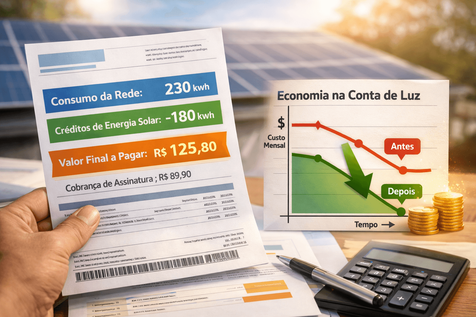 Conta de luz com créditos de energia solar e gráfico de economia