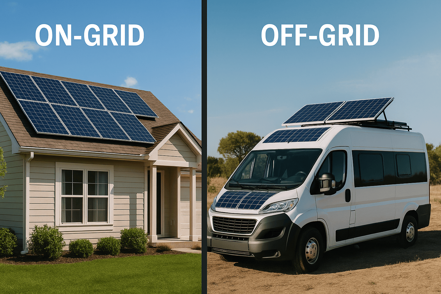 Casa com painéis solares on grid ao lado de um camper com painéis solares off grid