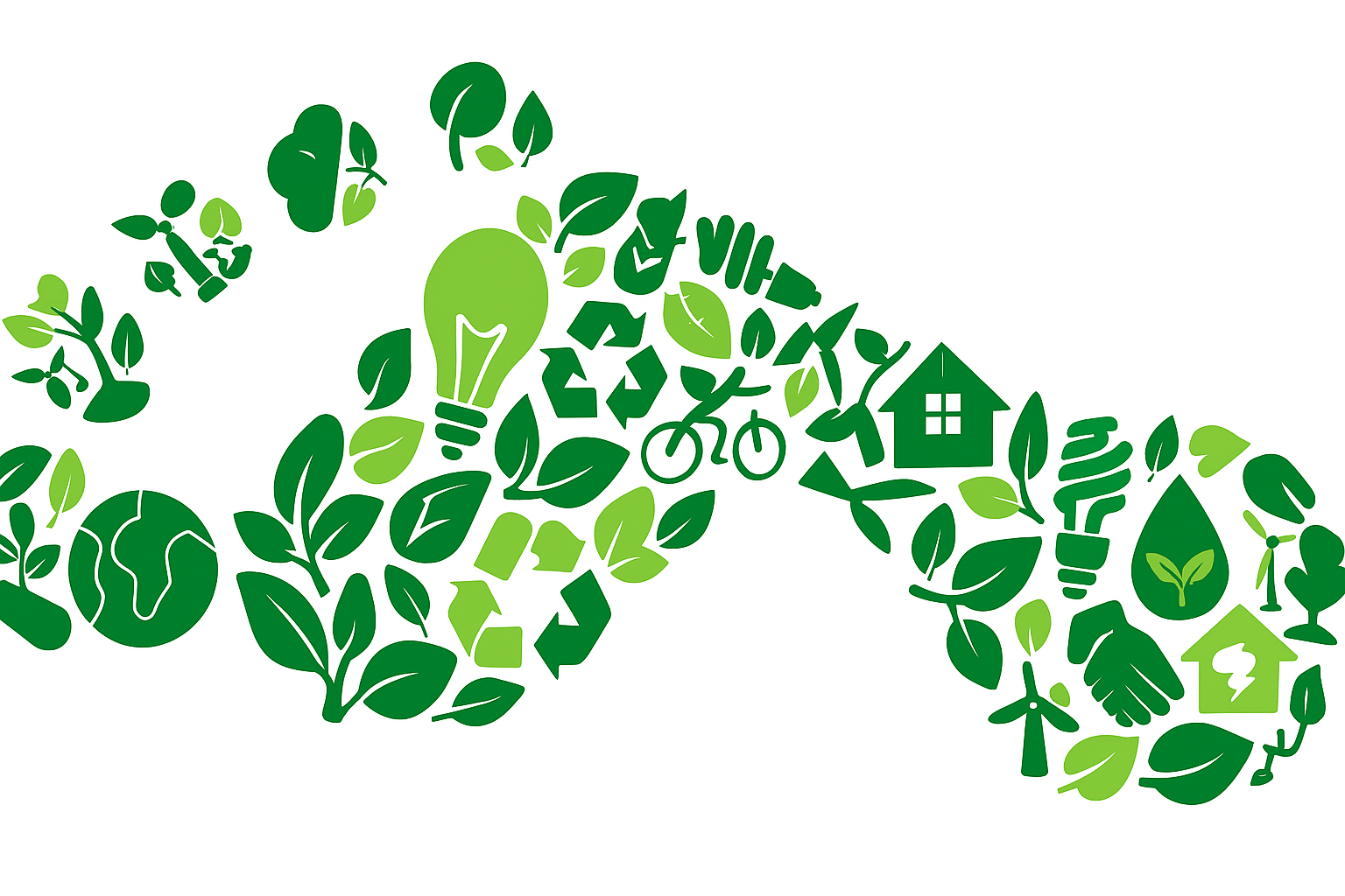 Pegada ecológica formada por ícones verdes de sustentabilidade, energia solar, reciclagem e eficiência energética