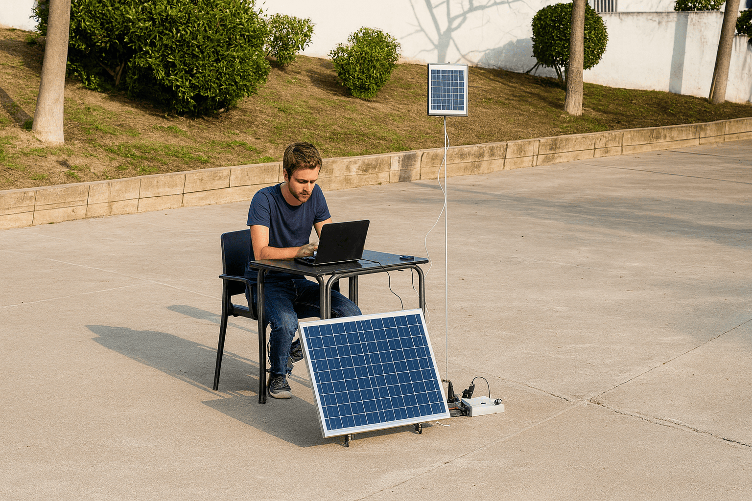 Pessoa utilizando um laptop conectado a um sistema solar Zero Grid DIY ao ar livre